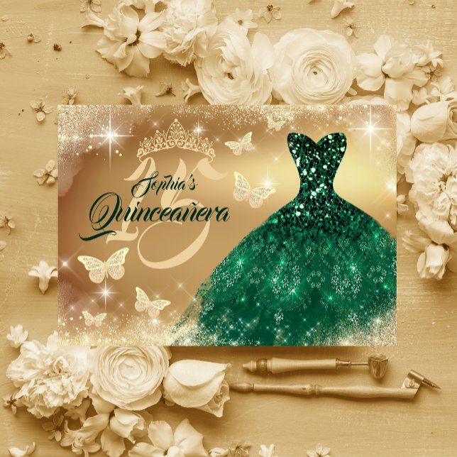 Convite Quinceanera Sparkle Dourada Vestido Esmeralda (Criador carregado)
