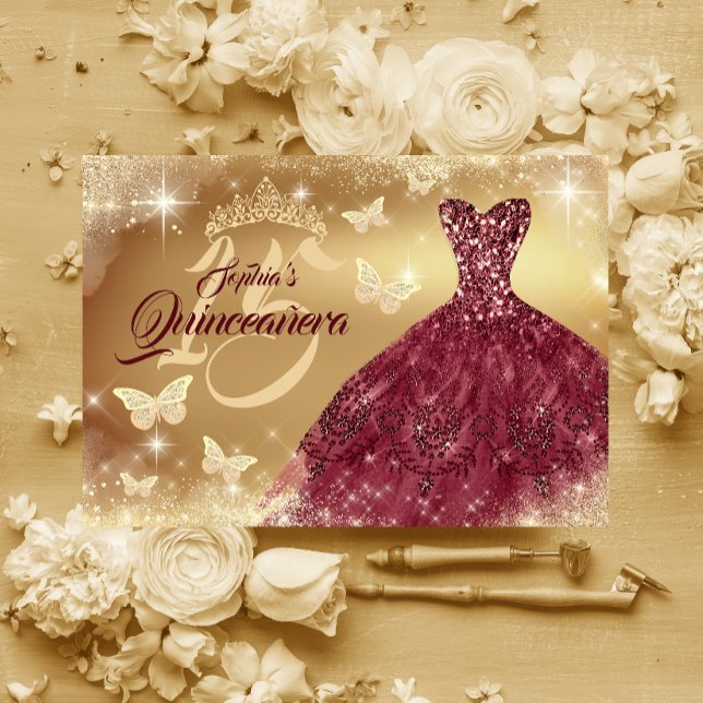 Convite Quinceanera Sparkle Dourado Vestido Burgundy (Criador carregado)