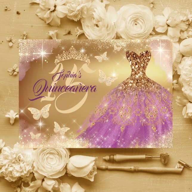 Convite Quinceanera Sparkle Dourado Vestido Puro (Criador carregado)