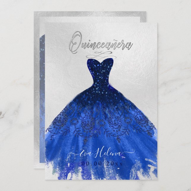 Convite Quinceañera, Sparkle Gown, Marinho Azul (Frente/Verso)