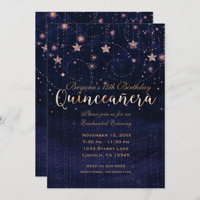 Convite Quinceañera Starry Night Purple e Dourado Whimsic (Frente/Verso)