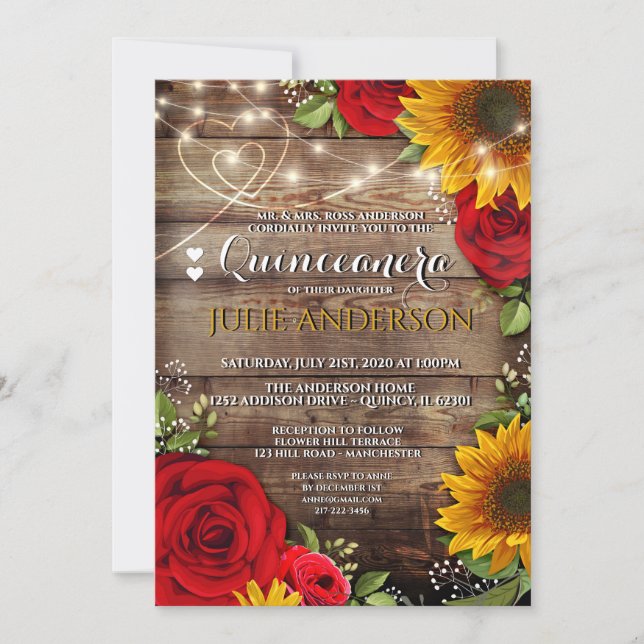 Convite Quinceanera Sunflower e Rosa Rustic (Frente)