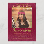 Convite Quinceanera Sweet 15 Birthday Burgundy Gold Photo<br><div class="desc">These pretty Quinceañera party invitations feature your daughter's photo, along with lots of beautiful red and gold faux glitter details. The background is burgundy with glittery highlights, and your daughter's square photo has a golden faux sparkly frame. The word "Quinceañera" is written in elegant gold typography. Use the easy templates...</div>