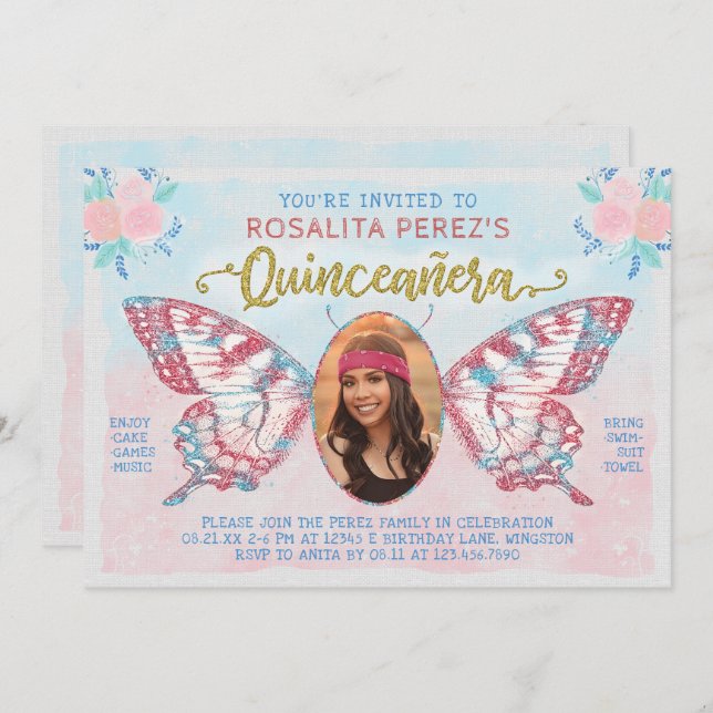 Convite Quinceanera Sweet 15 Birthday Butterfly com Foto (Frente/Verso)