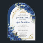 Convite Quinceañera Sweet 16 Arca Floral Real Azul<br><div class="desc">Convide os convidados em estilo com este elegante Convite Real Azul e Dourado da Arca Quinceañera, com flores vibrantes de cor azul-aquática, sotaques dourados, borboletas delicadas e forma de cartão cônico. Perfeito para uma comemoração moderna e luxuosa do Sweet 15. Disponível como um convite impresso profissionalmente ou um modelo editável...</div>