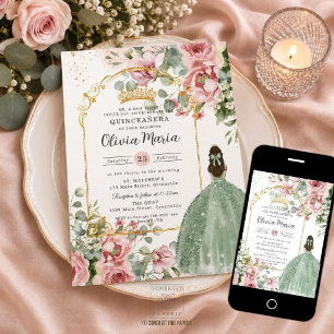 Convite Quinceañera Sweet 16 Bege Floral Verde Salvia