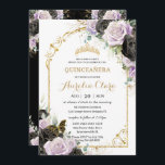 Convite Quinceañera Sweet 16 Black Lilac Floral Padrinos<br><div class="desc">Adicione um toque de elegância à sua ocasião especial com nossos luxuosos rosas florais preto e roxo, com uma coroa de princesa de ouro, borboleta delicada, um quadro de arco de ouro e sofisticados sotaques de ouro. Adicione os detalhes do convite na frente do convite e os seus Padrinos e...</div>