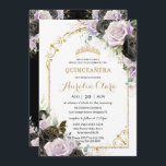 Convite Quinceañera Sweet 16 Black Lilac Floral Padrinos<br><div class="desc">Adicione um toque de elegância à sua ocasião especial com nossos luxuosos rosas florais preto e roxo, com uma coroa de princesa de ouro, borboleta delicada, um quadro de arco de ouro e sofisticados sotaques de ouro. Adicione os detalhes do convite na frente do convite e os seus Padrinos e...</div>