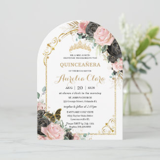 Convite Quinceañera Sweet 16 Black Pink Arch Floral Dourad