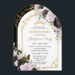 Convite Quinceañera Sweet 16 Black Purple Floral Dourado A<br><div class="desc">Adicione um toque de elegância à sua ocasião especial com os nossos luxuosos rosas preto e roxo de lado duplo, convites de arco floral, com uma coroa de princesa dourada, uma borboleta delicada, uma armação de arco dourado e sotaques de ouro refinados. Ideal para quinceañeras, Sweet 16, 18 aniversários, bolas...</div>