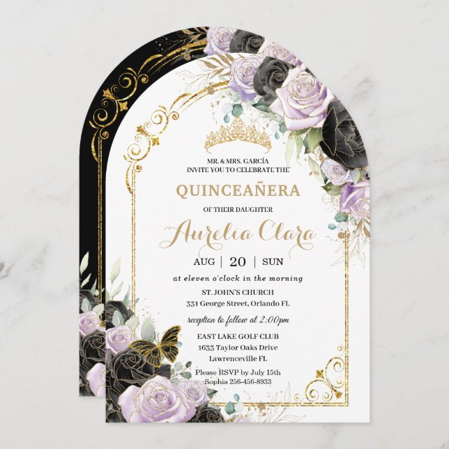 Convite Quinceañera Sweet 16 Black Purple Floral Dourado A (Frente/Verso)