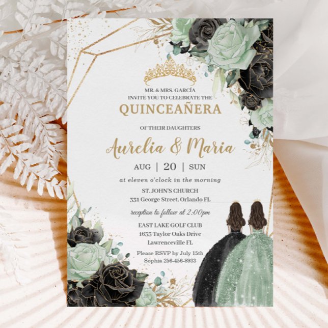 Convite Quinceañera Sweet 16 Sage Green Black Twins (Criador carregado)