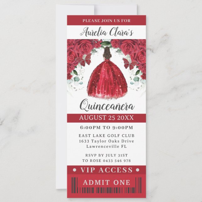 Convite Quinceañera Sweet 16 VIP Ticket Vibrant Red Floral (Frente)
