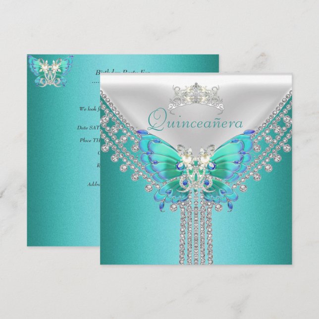 Convite Quinceañera Teal Blue Borboleta Branca Diamond (Frente/Verso)