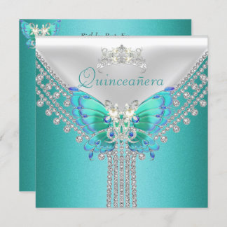 Convite Quinceañera Teal Blue Borboleta Branca Diamond