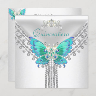 Convite Quinceañera Teal Blue Borboleta Branca Diamond 2