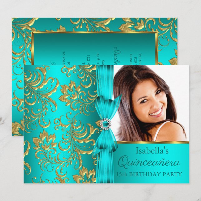 Convite Quinceanera Teal Blue Dourado Damask Foto Floral (Frente/Verso)