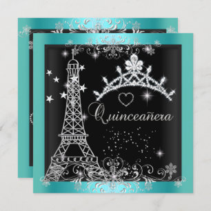 Convite Quinceanera Teal Blue Glitter Tiara Eiffel Torre