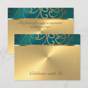 Convite Quinceanera Teal Blue Green e Dourado Filigre