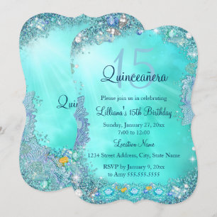 Convite Quinceanera Teal Blue Ocean Jewel Festa de anivers