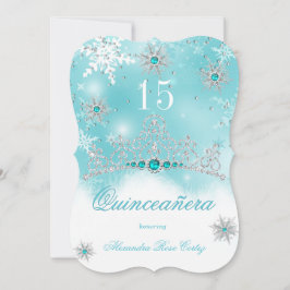 Convite Quinceanera Teal Blue Pearl Snowflake 15 Aniversár