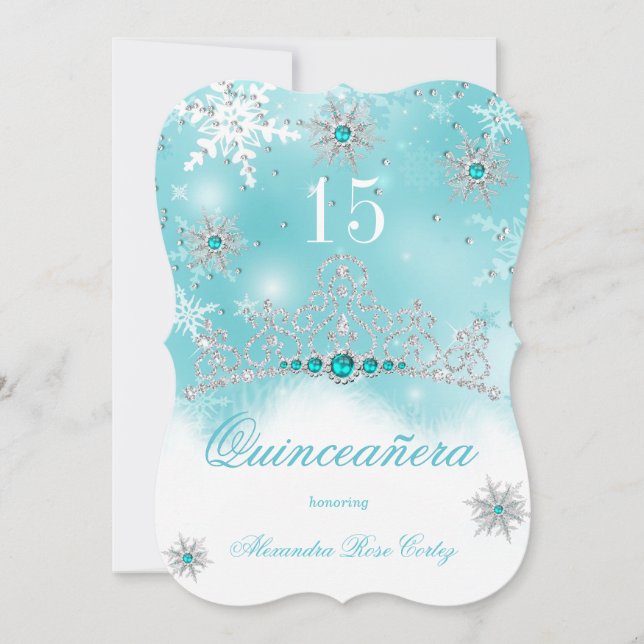 Convite Quinceanera Teal Blue Pearl Snowflake 15 Aniversár (Frente)
