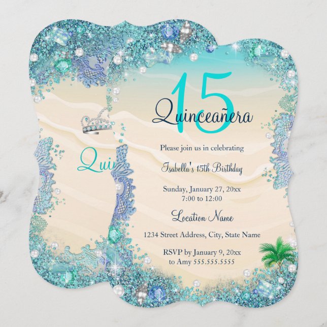 Convite Quinceanera Teal Blue Sand Ocean Beach Aniversário (Frente/Verso)