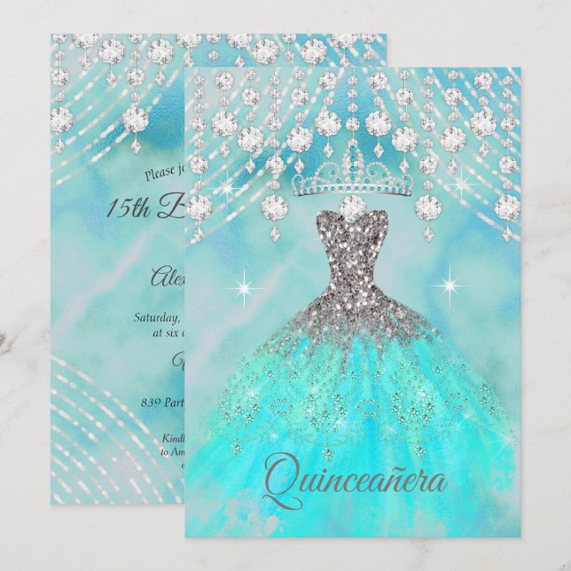 Convite Quinceanera Teal Blue Silver Festa de aniversário (Frente/Verso)