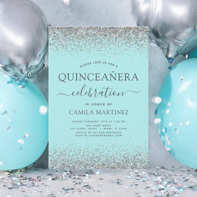 Convite Quinceanera Teal Blue Silver Glitter Sparkle (Criador carregado)