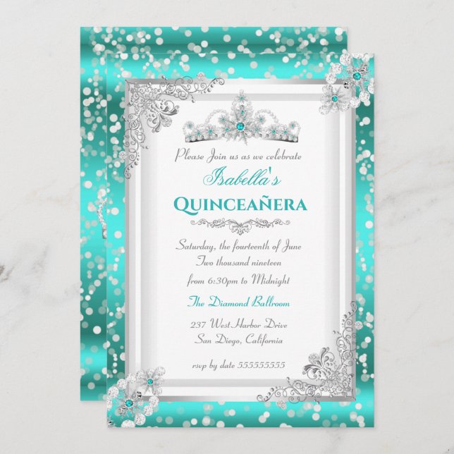 Convite Quinceanera Teal Blue Silver Snowflake Tiara (Frente/Verso)