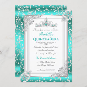 Convite Quinceanera Teal Blue Silver Snowflake Tiara