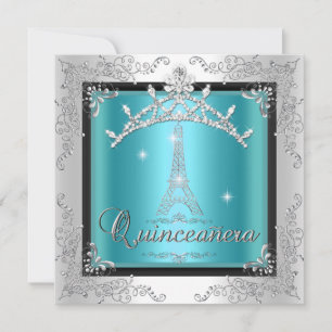 Convite Quinceanera Teal Blue Silver Tiara Eiffel Torre