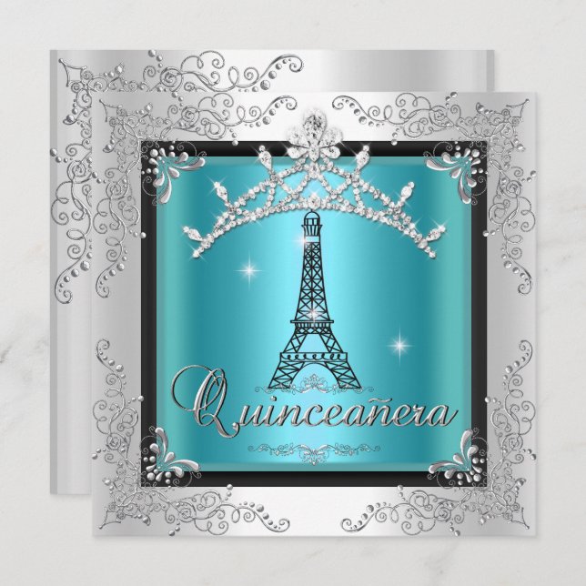Convite Quinceanera Teal Blue Silver Tiara Eiffel Torre (Frente/Verso)