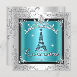 Convite Quinceanera Teal Blue Silver Tiara Eiffel Torre