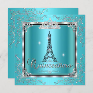 Convite Quinceanera Teal Blue Silver Tiara Eiffel Torre 3