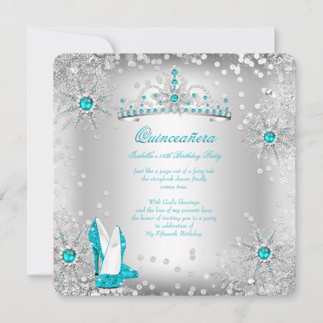 Convite Quinceanera Teal Blue Silver Winter Wonderland (Frente)