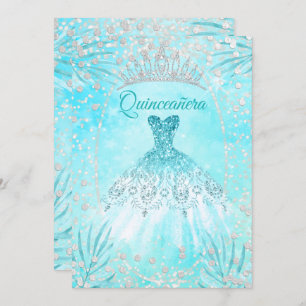Convite Quinceanera Teal Blue Tiara Vestir inverno Anivers