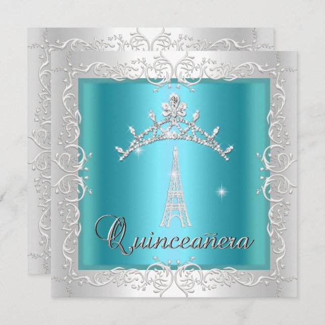 Convite Quinceanera Teal Blue Torre Tiara Eiffel Branco (Frente/Verso)