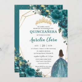 Convite Quinceañera Teal Blue Verde Princesa Floral