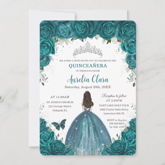 Convite Quinceañera Teal Borboletas Florais Silver Tiara (Frente)