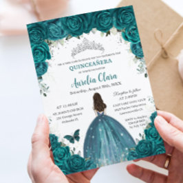 Convite Quinceañera Teal Borboletas Florais Silver Tiara