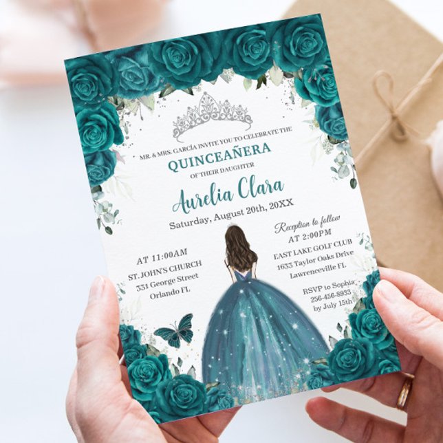 Convite Quinceañera Teal Borboletas Florais Silver Tiara (Criador carregado)