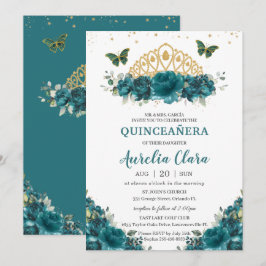 Convite Quinceañera Teal Cyan Floral Butterflies Crown