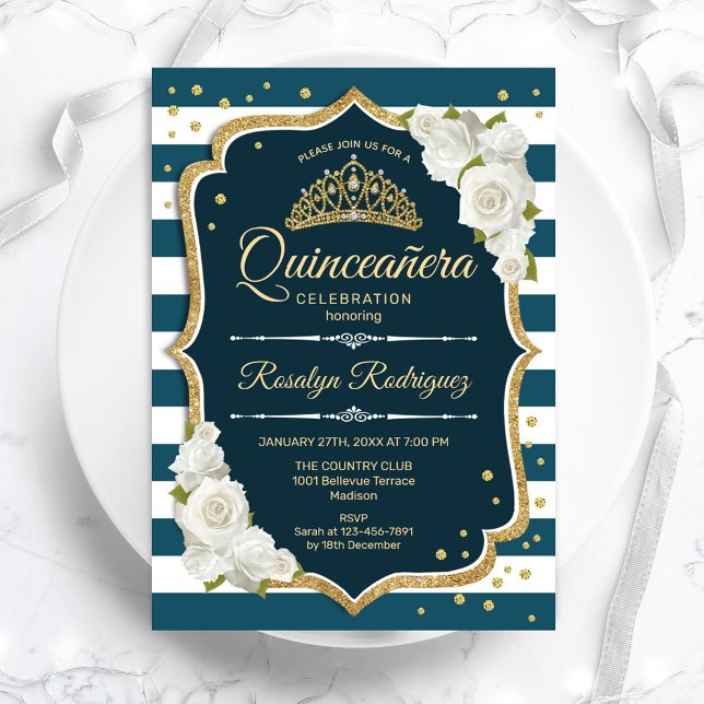 Convite Quinceanera Teal Dourada Elegante (Criador carregado)