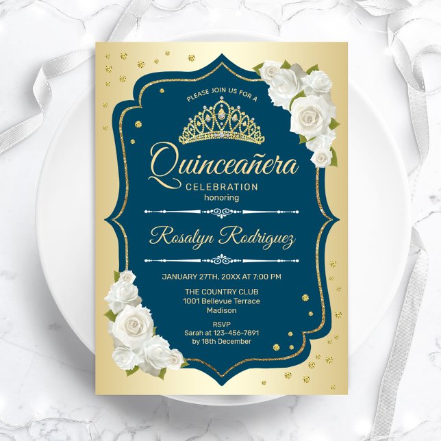 Convite Quinceanera Teal Dourada Elegante (Criador carregado)