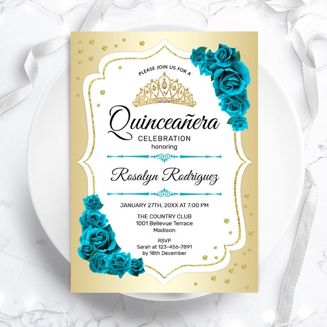 Convite Quinceanera Teal Dourada Elegante Branco (Criador carregado)
