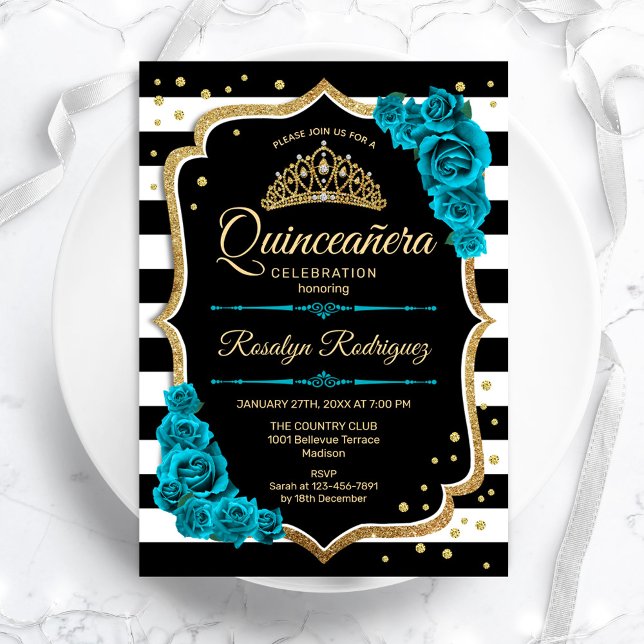 Convite Quinceanera Teal Dourada Elegante Negra (Criador carregado)