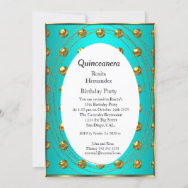 Convite Quinceanera Teal, Dourada, Festa de aniversário