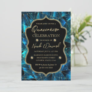 Convite Quinceanera Teal e Dourada Galáxia Cristal Midnigh