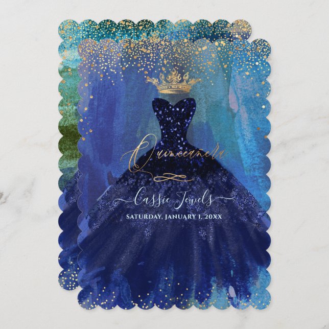 Convite Quinceanera Teal Marinho Azul Vidro (Frente/Verso)